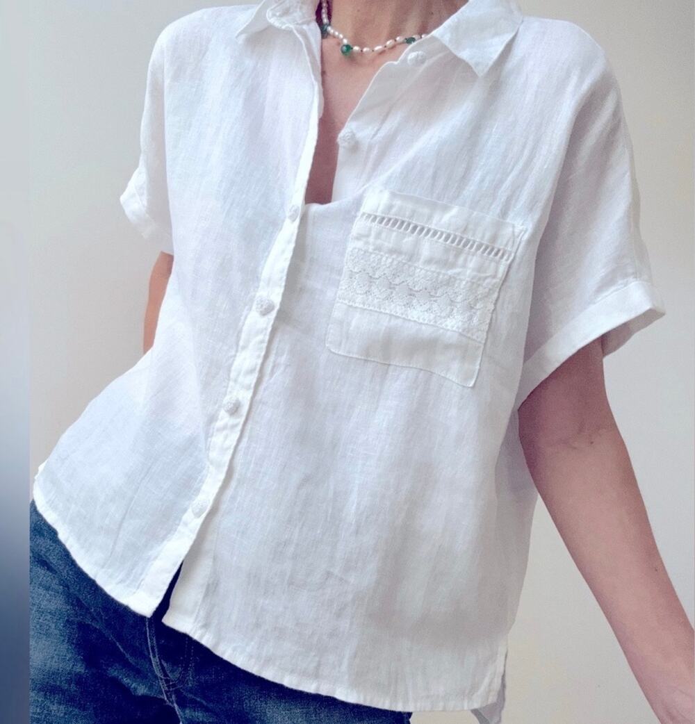 Joie White 100% Linen Button Front Lace Trim Shirt Blouse Size Small